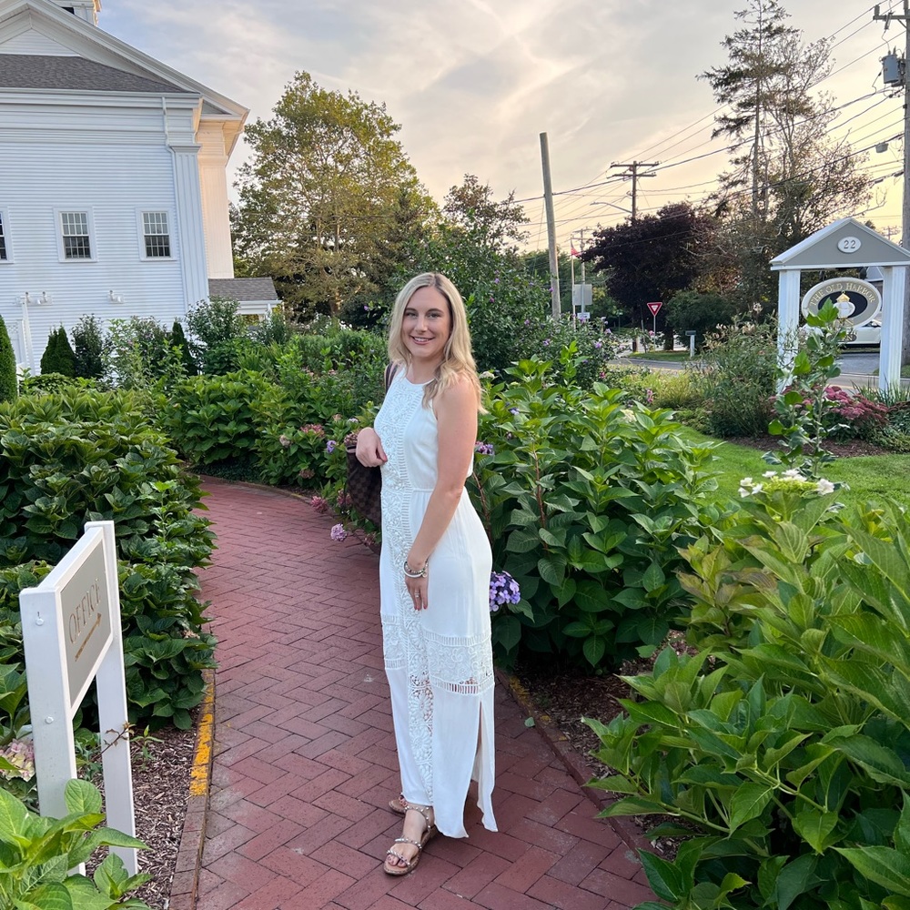 White maxi dress with floral / knit details